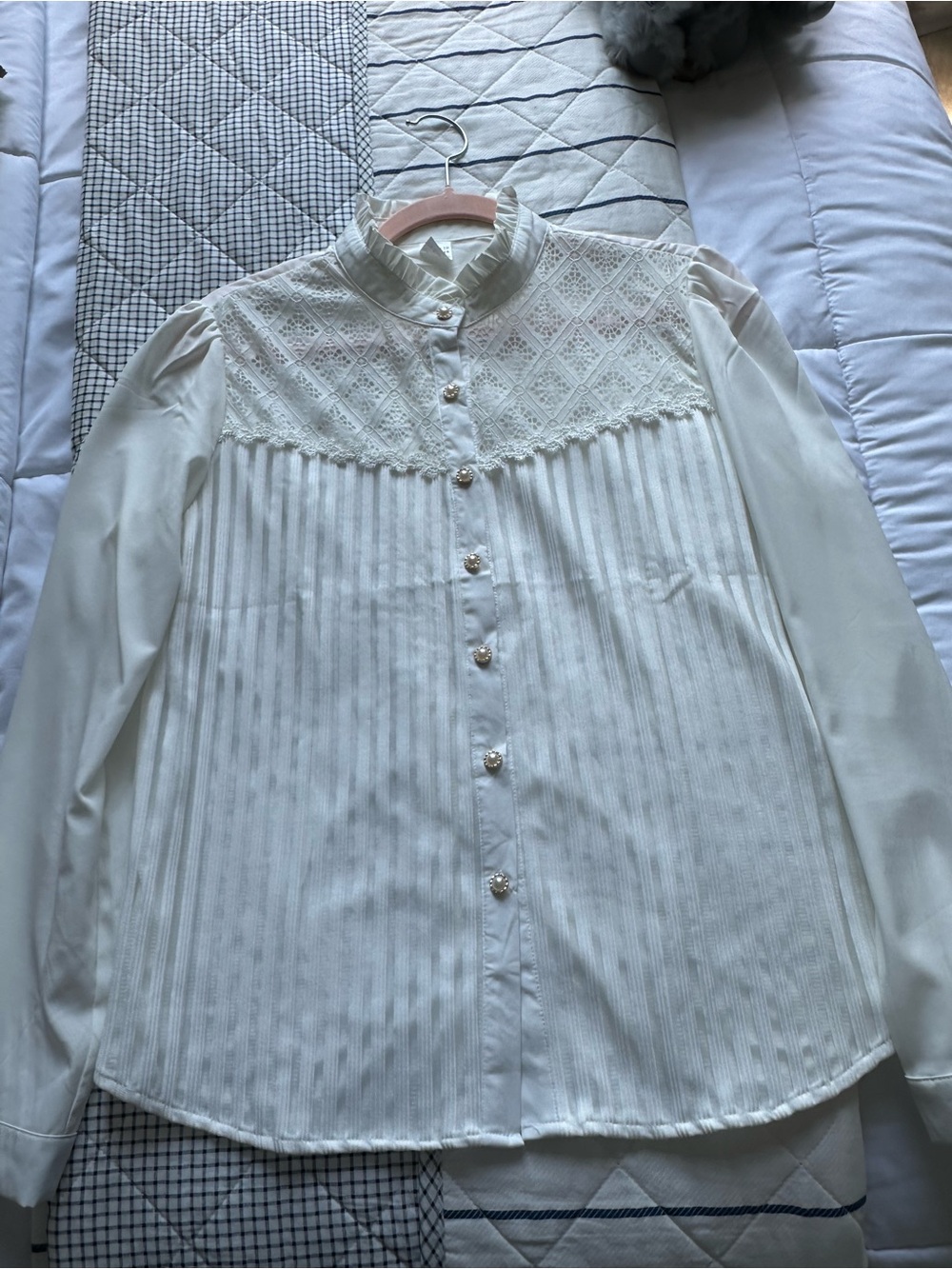 Elegant Ivory Lace Yoke Button-Up Blouse